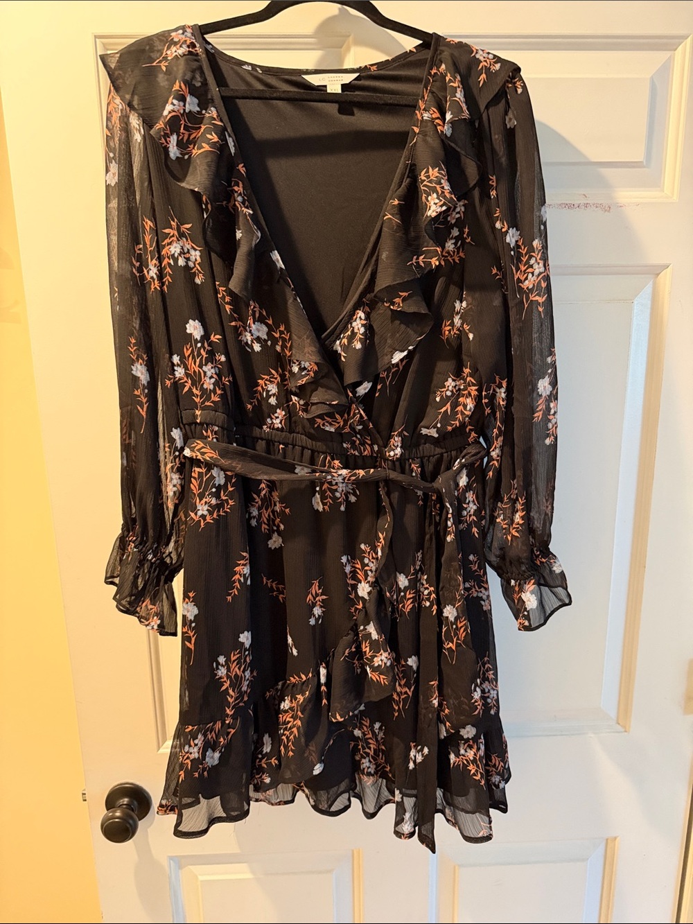 LC Lauren Conrad Black Floral Long-Sleeve Ruffle Wrap Dress